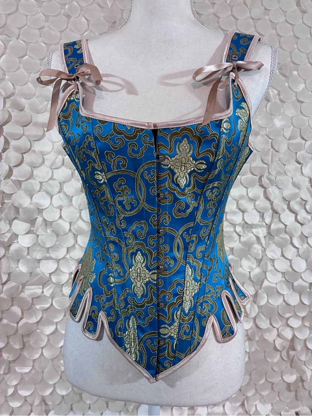 Sz. M Blue & Gold Brocade Corset Top with Lace-Up Back & Ribbon Ties